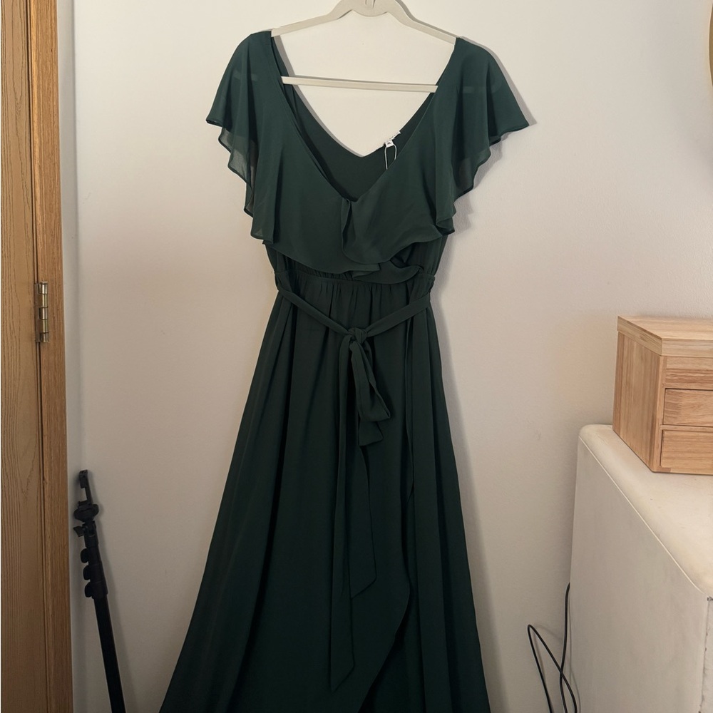 Baltic Born Flutter Sleeve Dark Green faux Wrap Dress